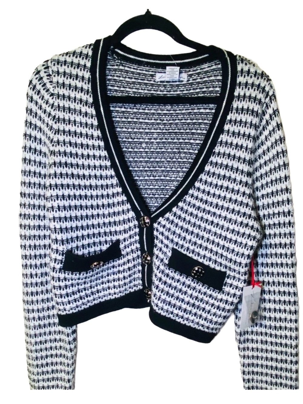 London Kaye Black & White‎ Long Sleeve Knit Crop Cardigan Sweater, L